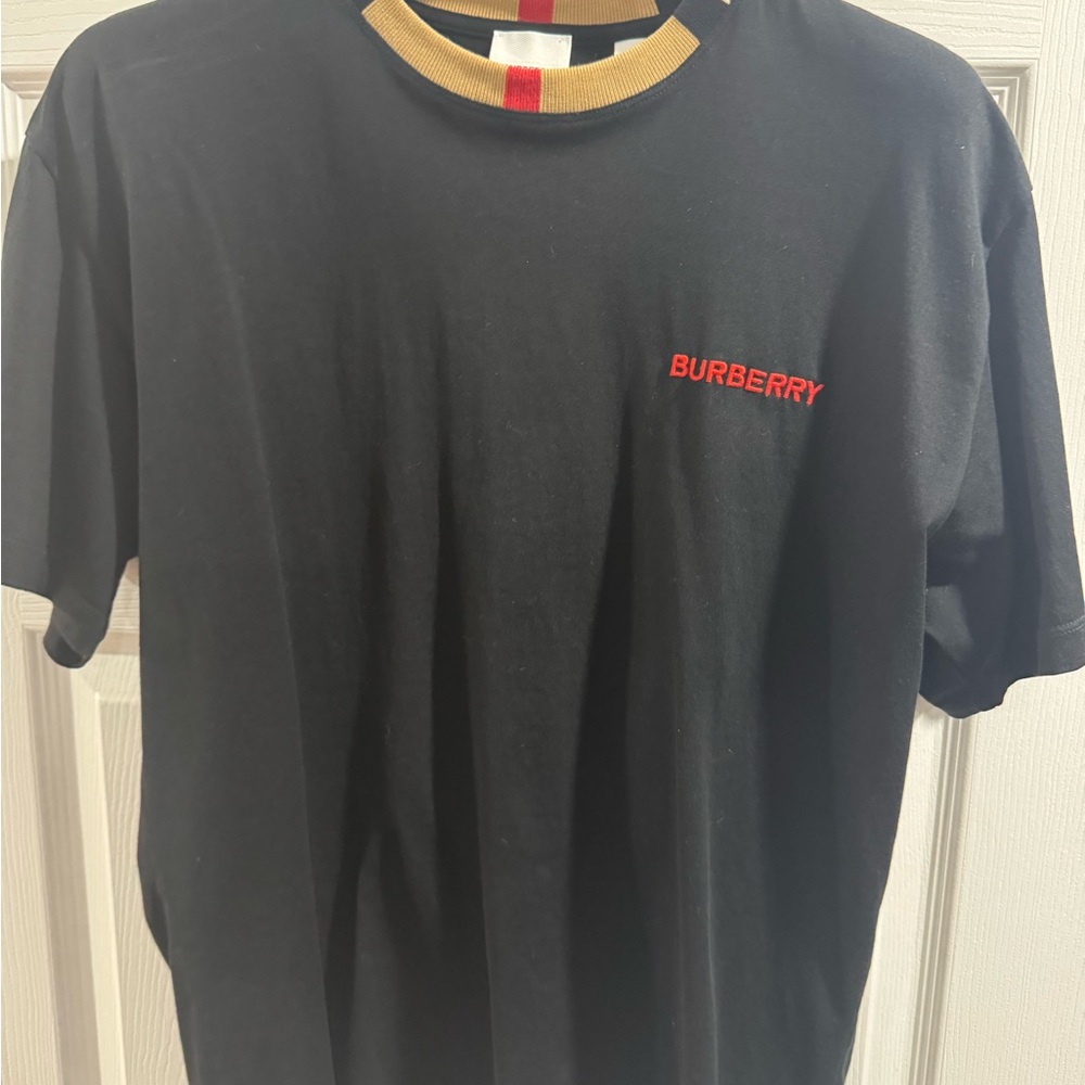 Pre-owned Burberry Black Tee with Red Logo and Gold Collar